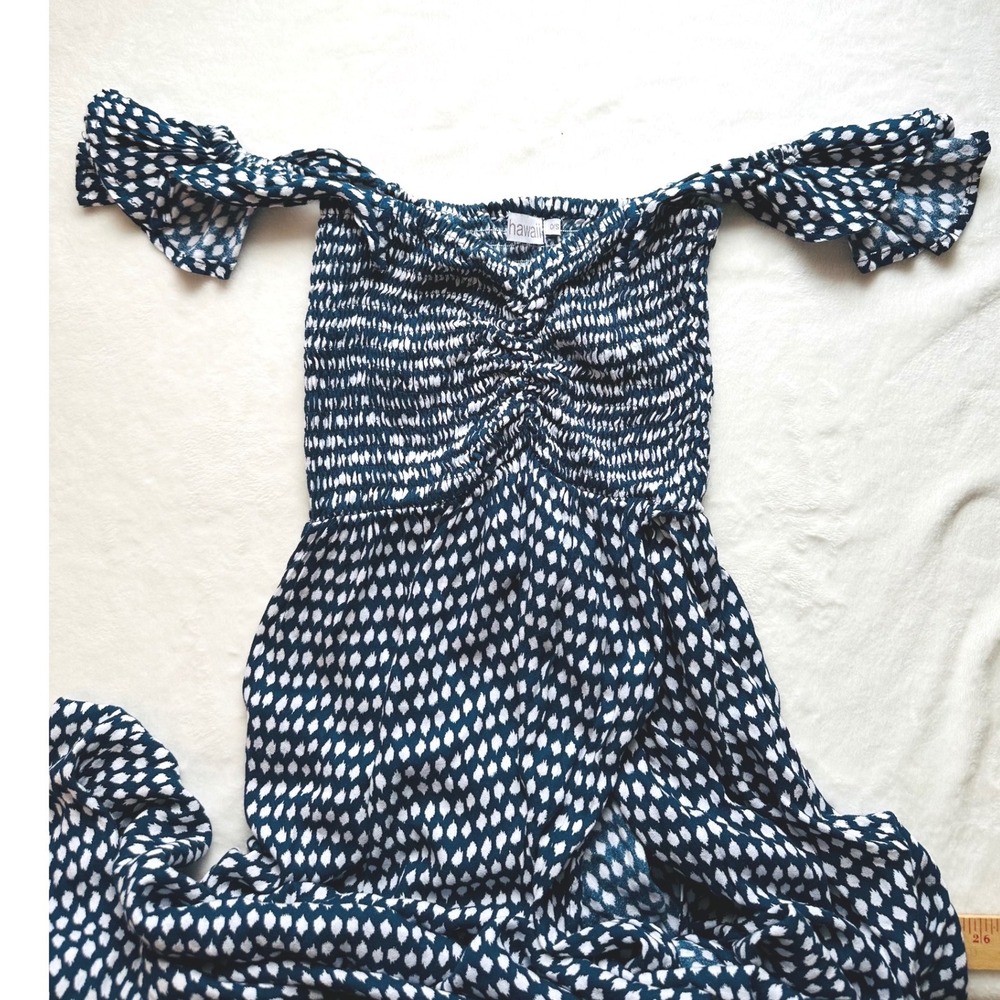 Tiare Hawaii Blue White Smocked Maxi Dress OS Off Shoulder Boho Coastal Resort - Picture 8 of 11